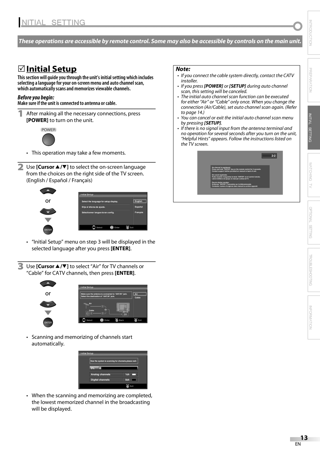 Emerson LC420EM8 owner manual Initial Setting, 5Initial Setup, Make sure if the unit is connected to antenna or cable 