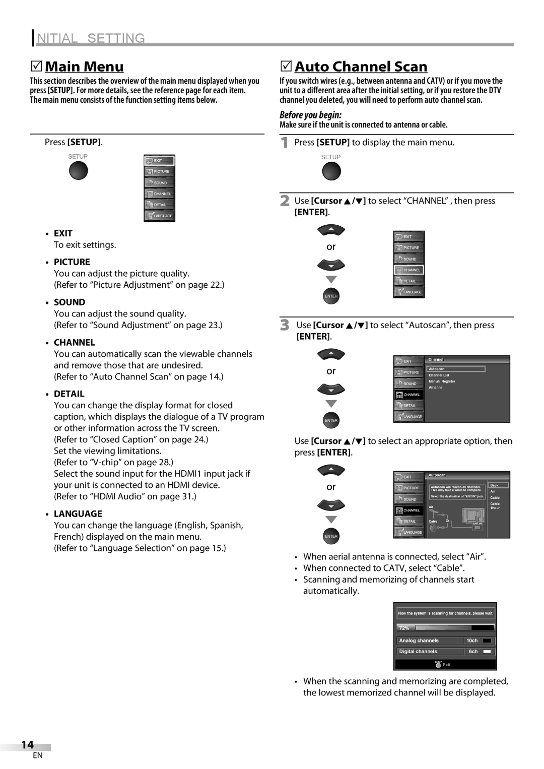 Emerson LC420EM8 owner manual 5Main Menu, 5Auto Channel Scan 