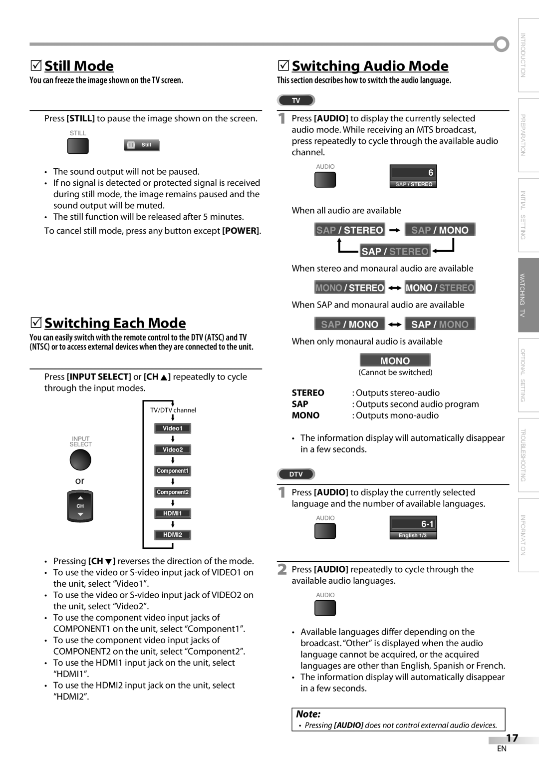 Emerson LC420EM8 owner manual 5Still Mode, 5Switching Each Mode, 5Switching Audio Mode 