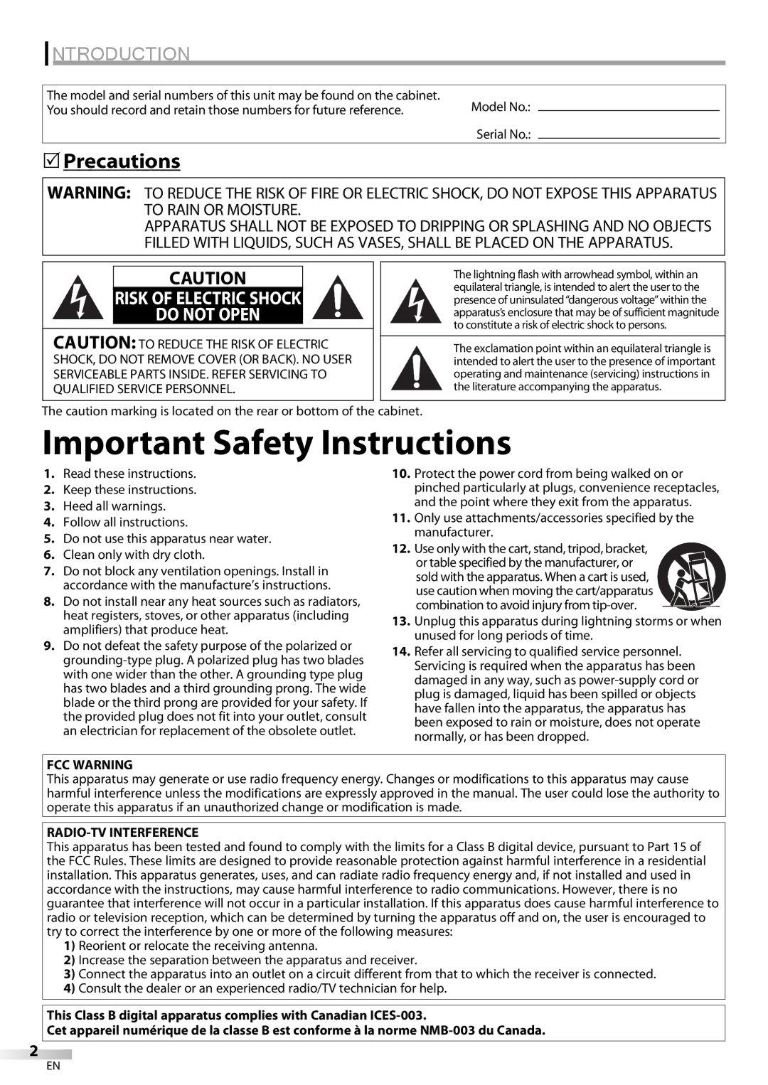 Emerson LC420EM8 owner manual Introduction, Precautions, FCC Warning, RADIO-TV Interference 