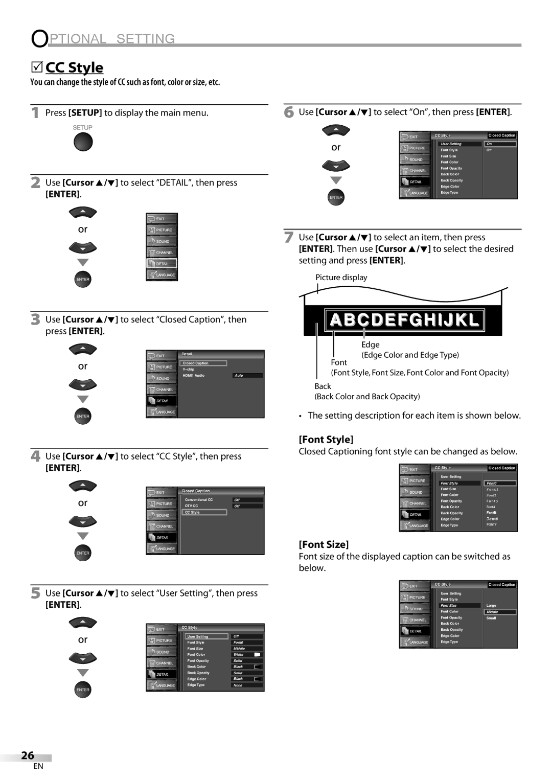 Emerson LC420EM8 owner manual 5CC Style, Font Style, Font Size, Setting description for each item is shown below 