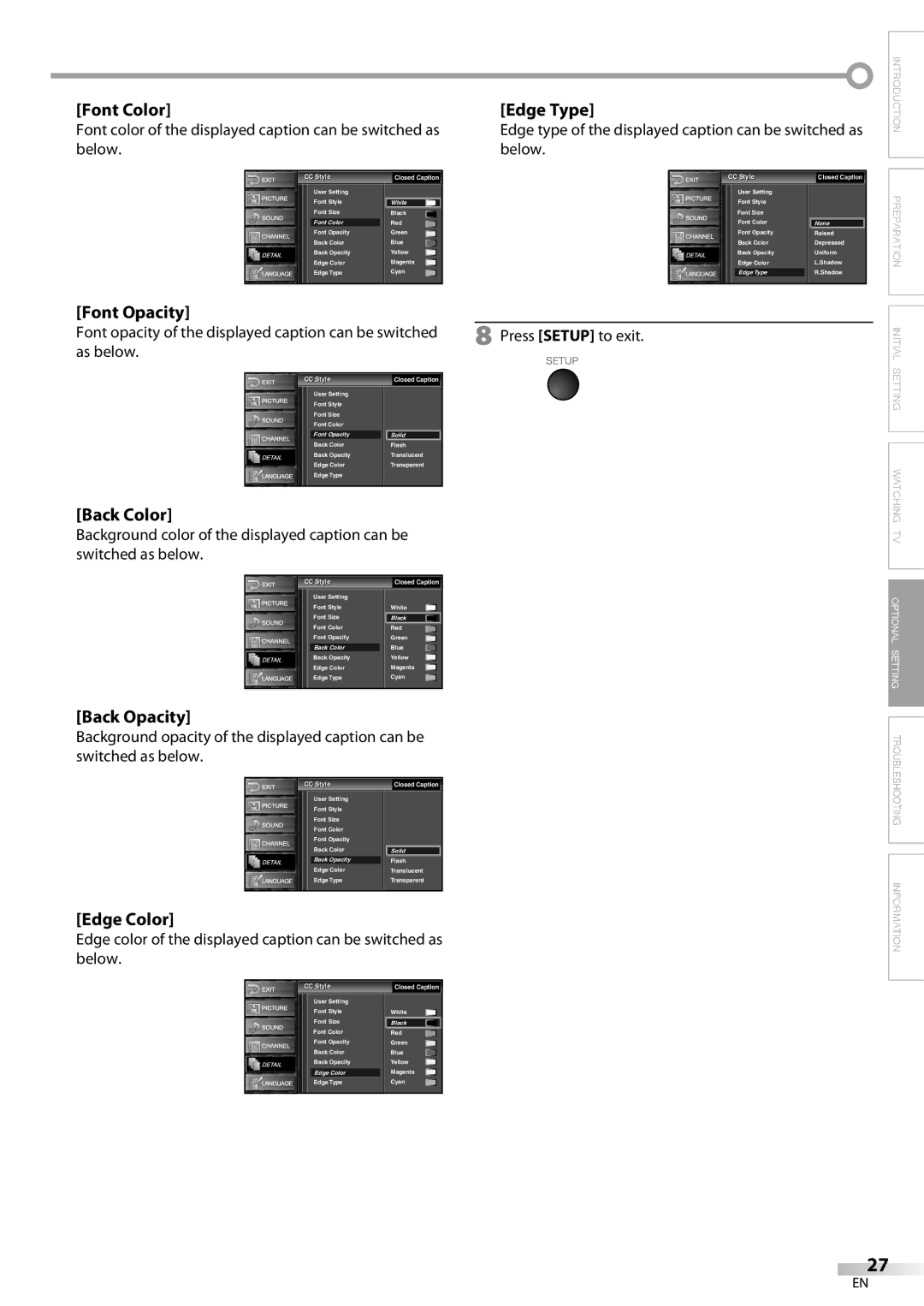 Emerson LC420EM8 owner manual Font Color, Font Opacity, Back Color, Back Opacity, Edge Color, Edge Type 