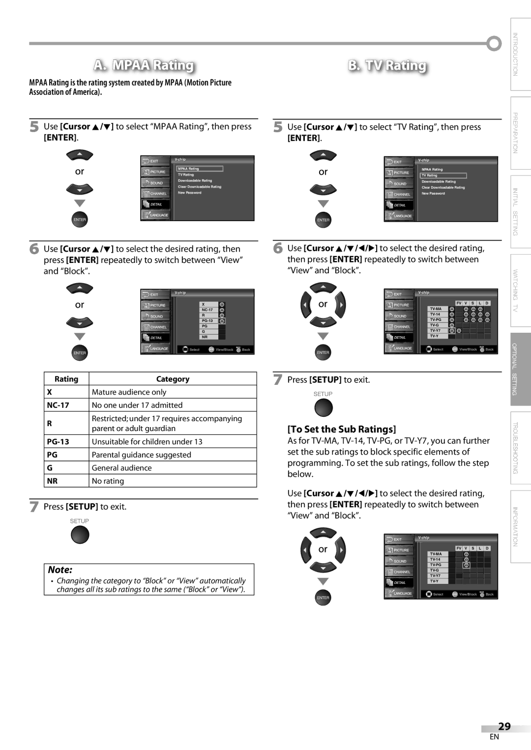 Emerson LC420EM8 owner manual To Set the Sub Ratings, Use Cursor K/L to select Mpaa Rating, then press Enter, Chipip 