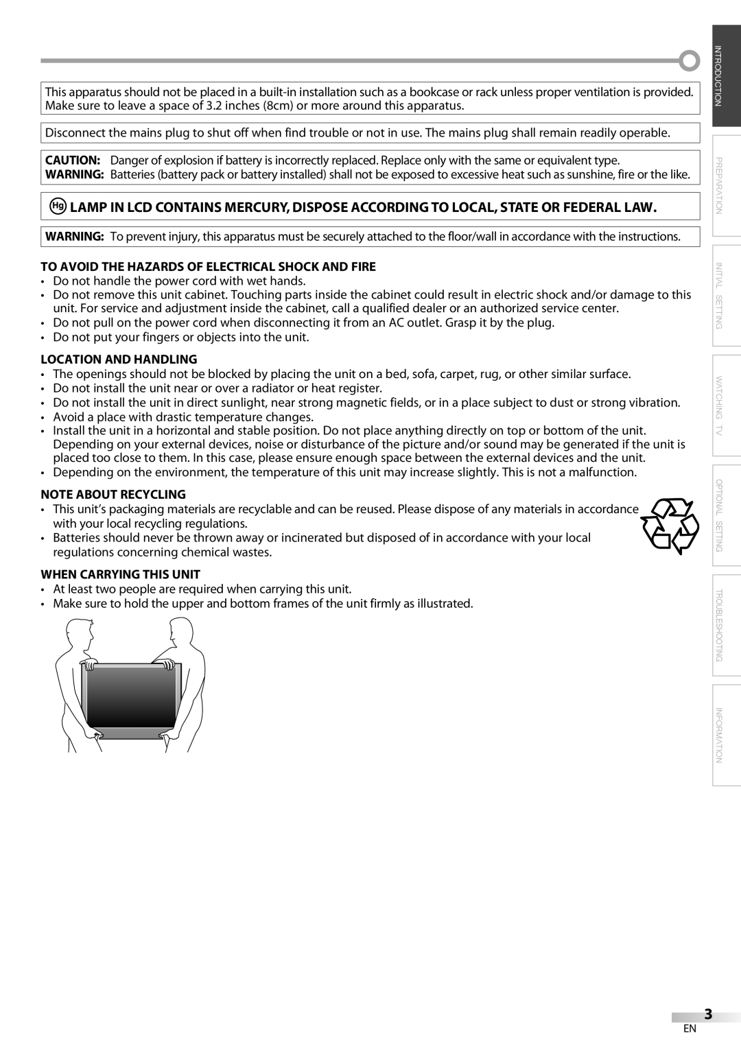 Emerson LC420EM8 owner manual Do not handle the power cord with wet hands, Location and Handling, When Carrying this Unit 