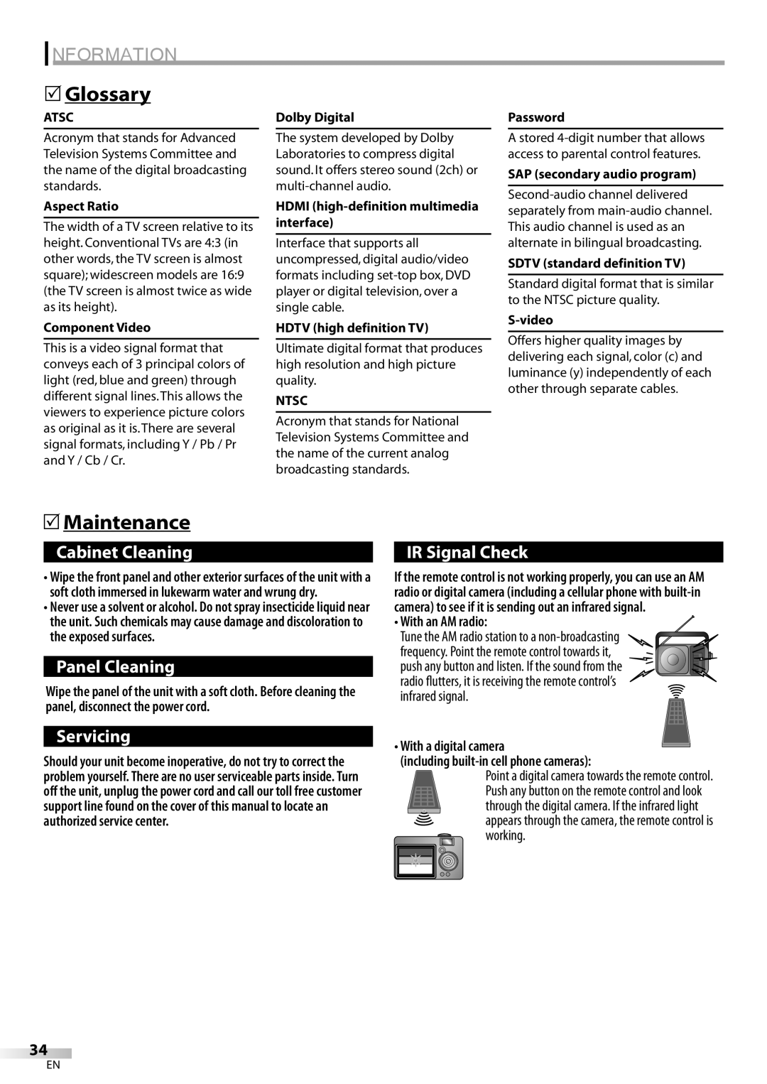 Emerson LC420EM8 owner manual Information, Glossary, Maintenance, With an AM radio 