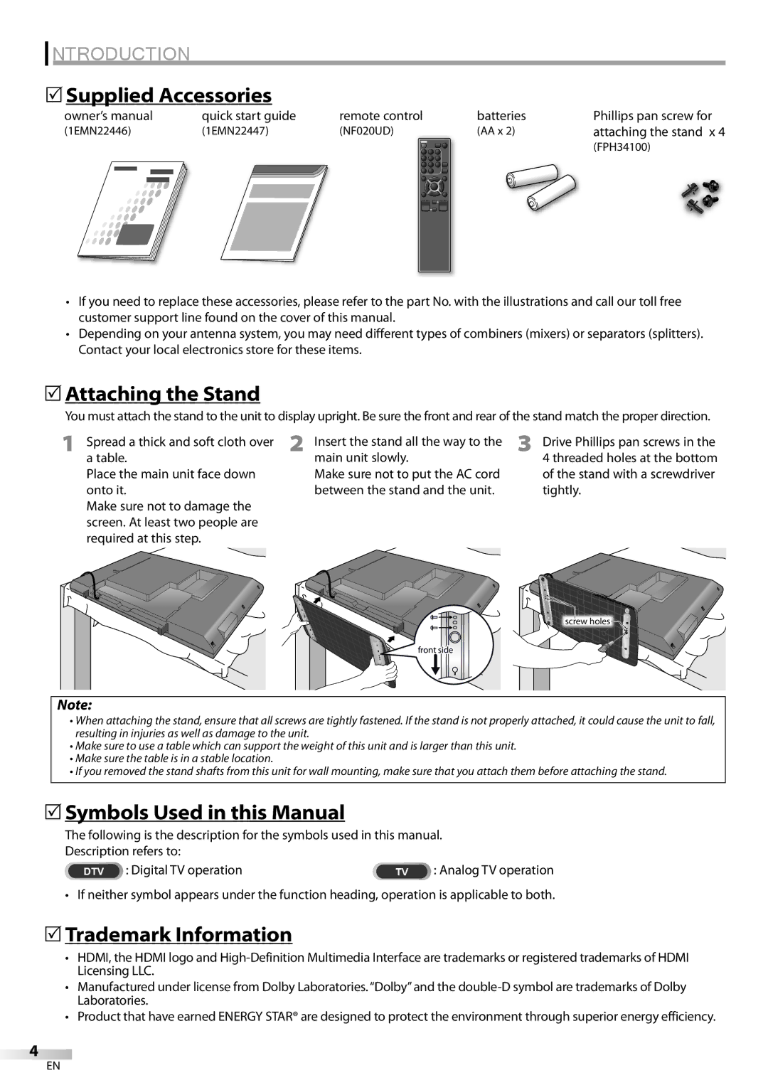 Emerson LC420EM8 5Supplied Accessories, 5Attaching the Stand, 5Symbols Used in this Manual, 5Trademark Information 