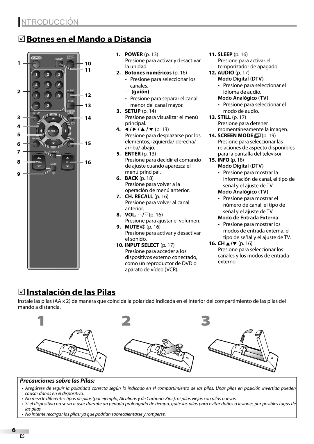 Emerson LC420EM8 owner manual 5Botnes en el Mando a Distancia, 5Instalación de las Pilas 