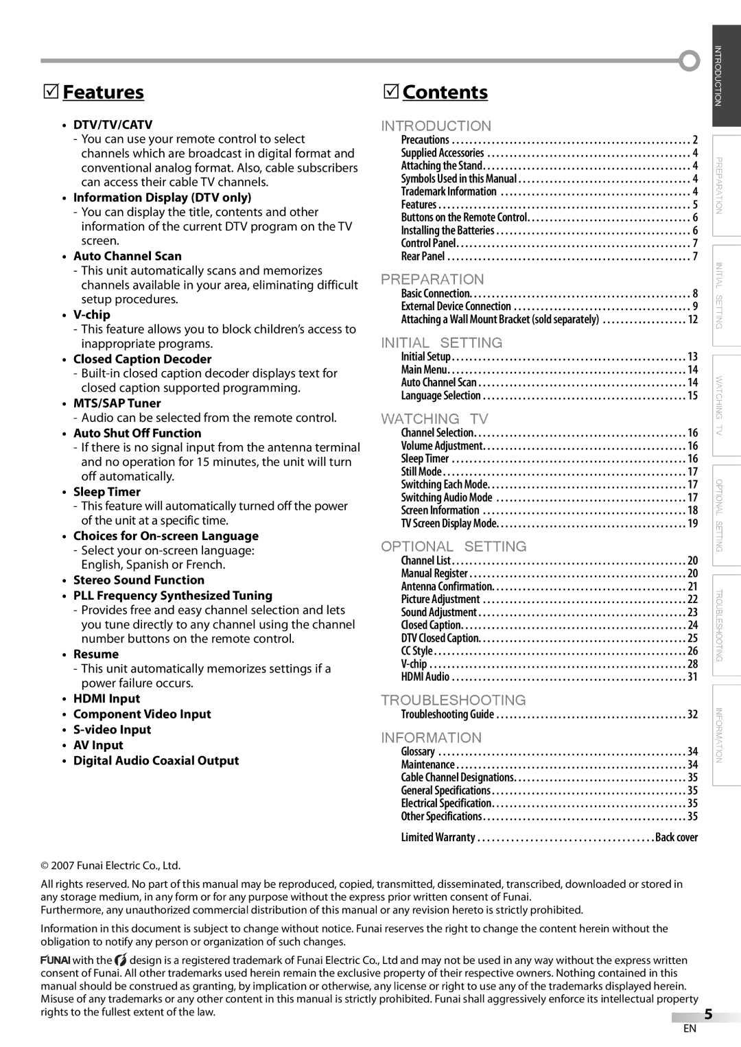 Emerson LC420EM8 owner manual Features, Contents, Dtv/Tv/Catv 