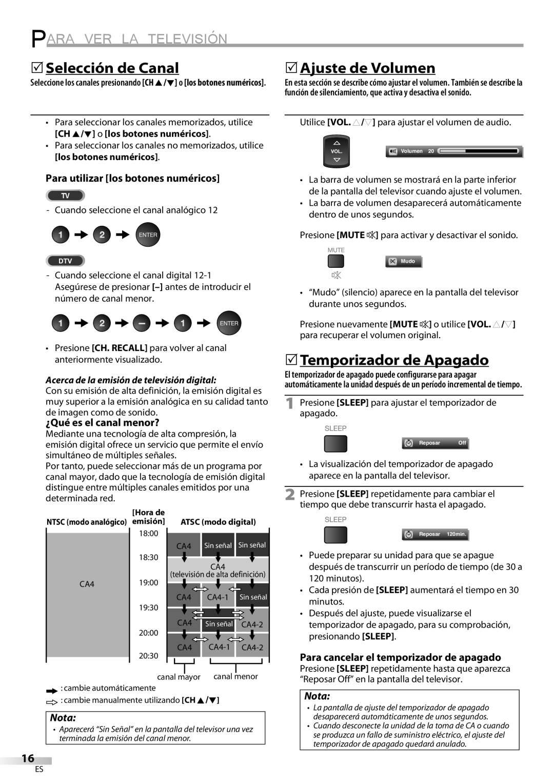 Emerson LC420EM8 owner manual Para VER LA Televisión, 5Selección de Canal, 5Ajuste de Volumen, 5Temporizador de Apagado 