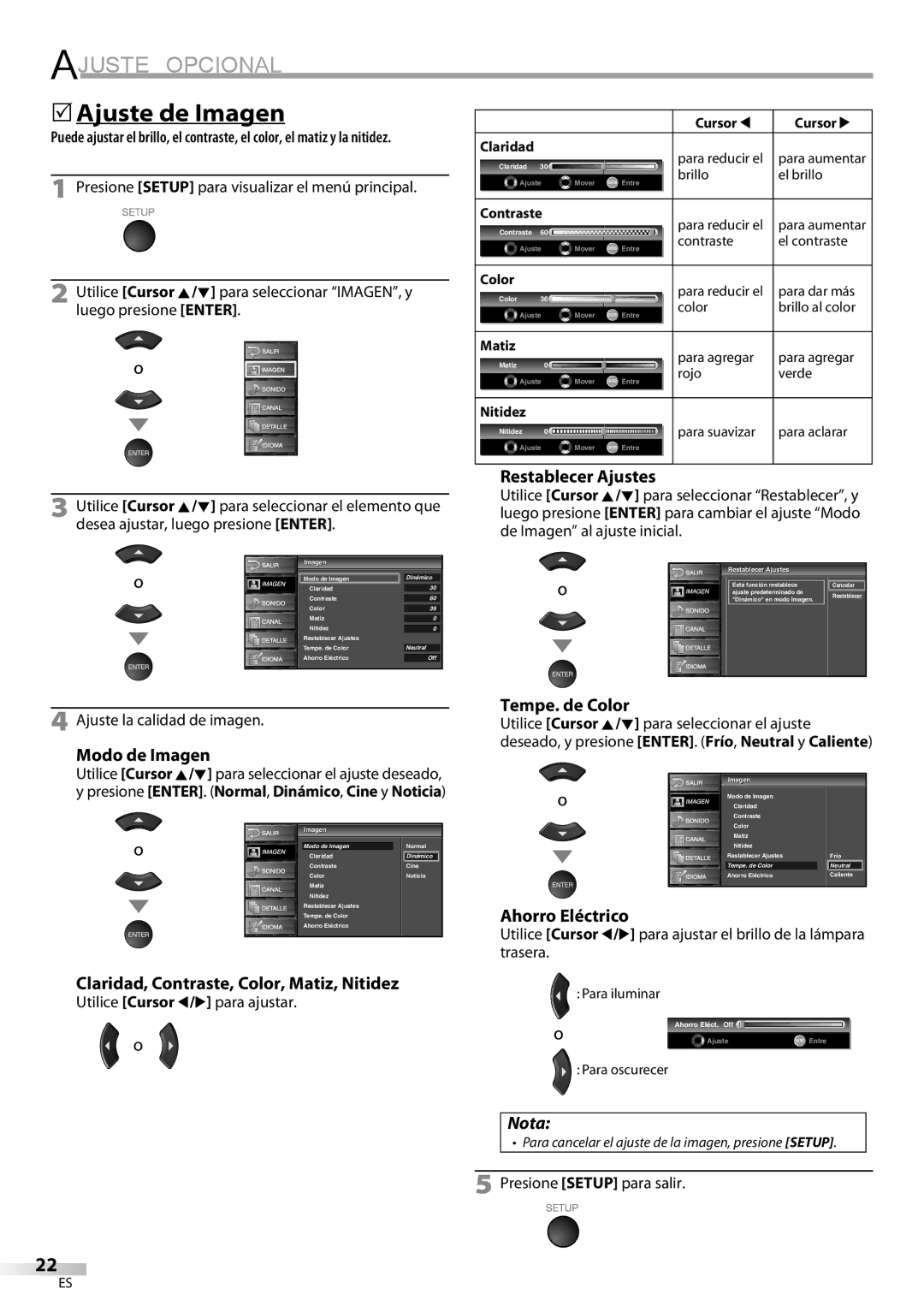 Emerson LC420EM8 owner manual 5Ajuste de Imagen, Restablecer Ajustes, Tempe. de Color, Modo de Imagen 