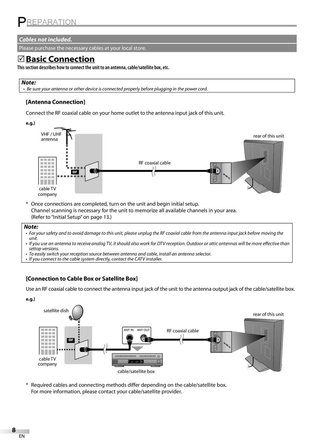 Emerson LC420EM8 owner manual Preparation, 5Basic Connection, Antenna Connection, Connection to Cable Box or Satellite Box 