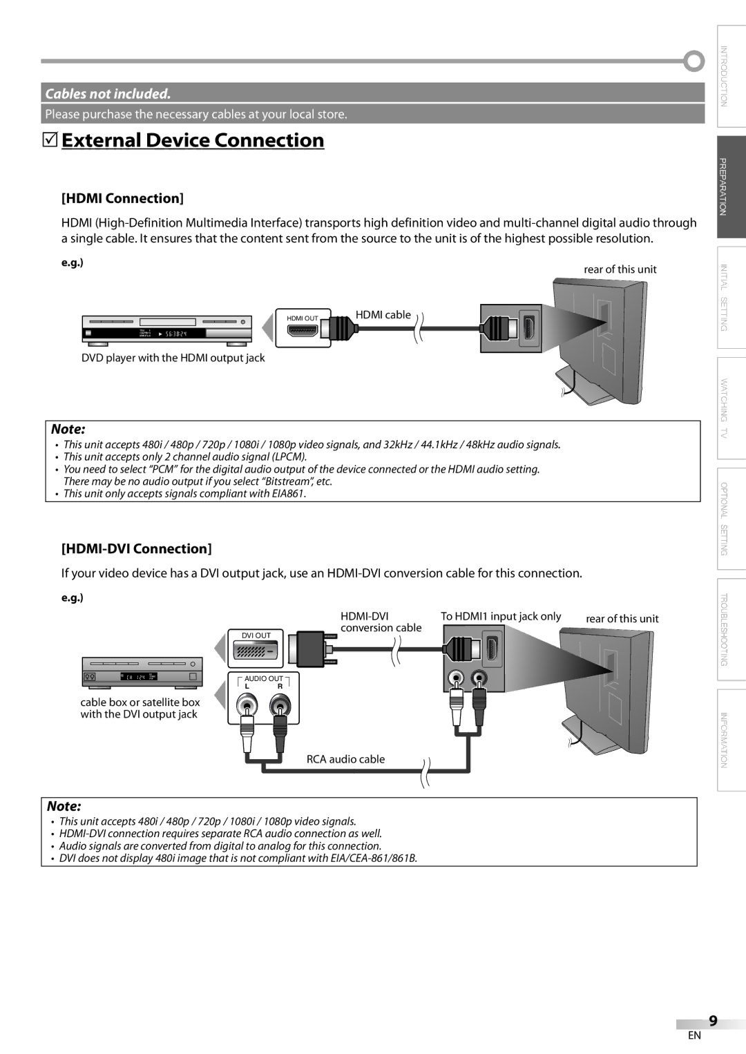 Emerson LC420EM8 owner manual 5External Device Connection, Hdmi Connection, HDMI-DVI Connection 