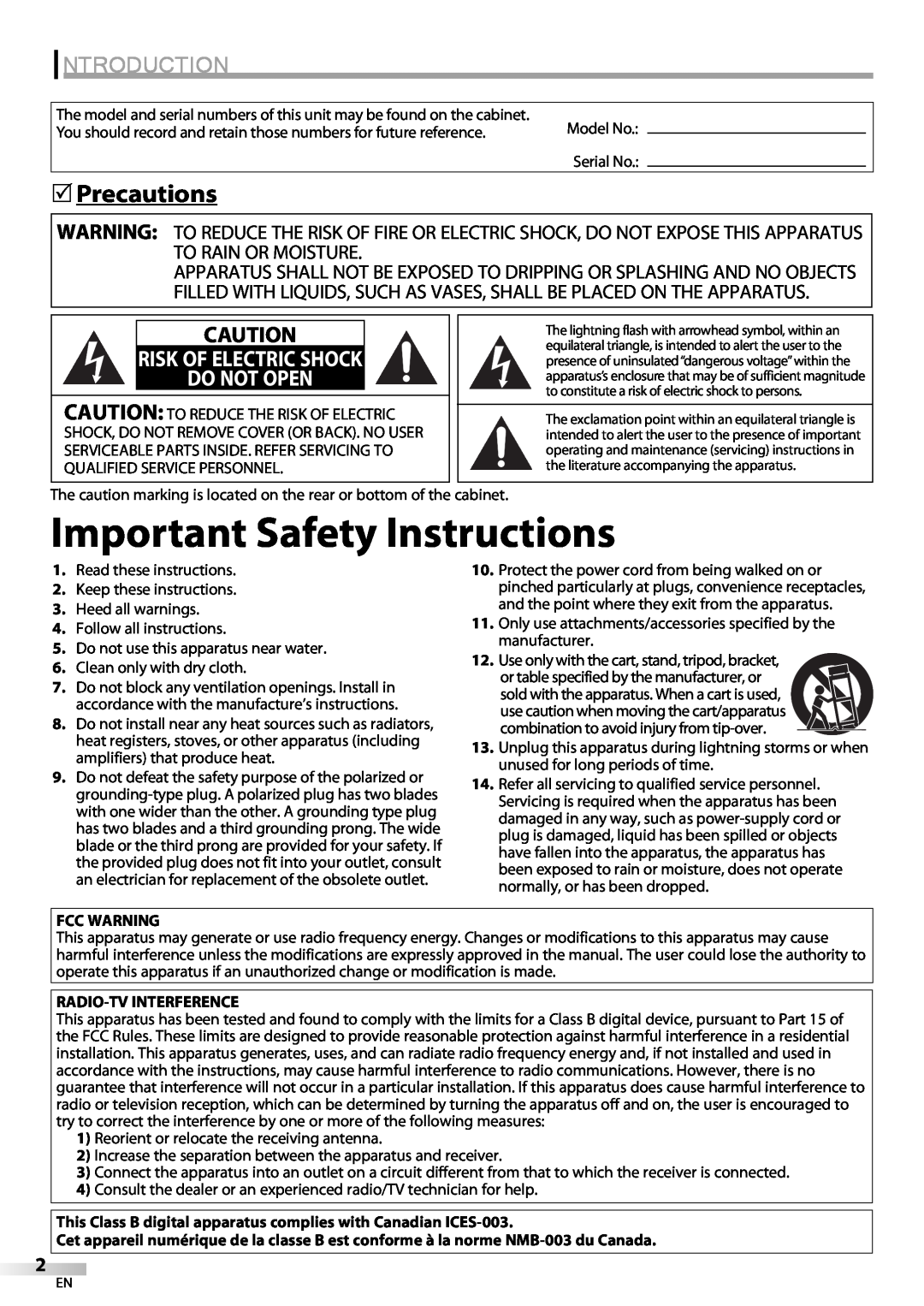 Emerson LC420EM8 owner manual Important Safety Instructions, Introduction, Precautions, Do Not Open, Risk Of Electric Shock 