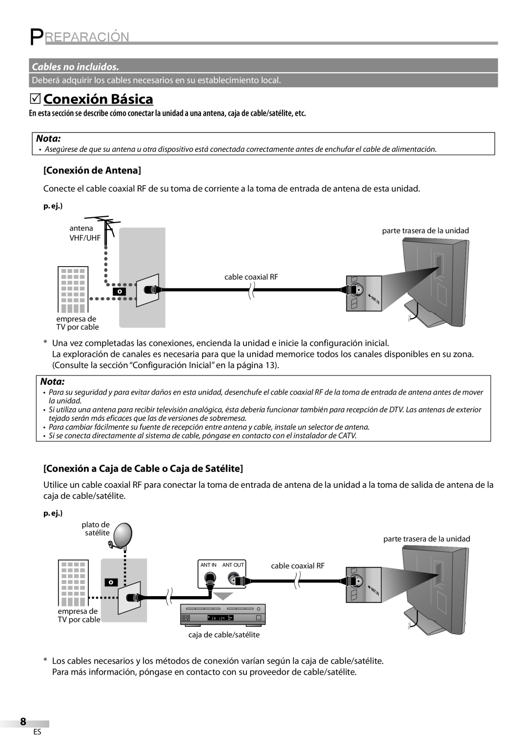 Emerson LC420EM8 owner manual Preparación, 5Conexión Básica, Cables no incluidos, Nota, Conexión de Antena 