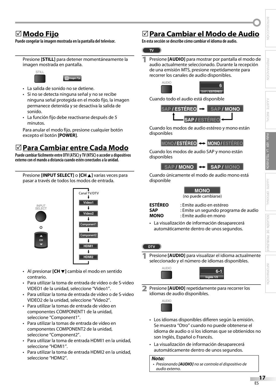 Emerson LC420EM8 owner manual 5Modo Fijo, 5Para Cambiar entre Cada Modo, 5Para Cambiar el Modo de Audio, Nota, Sap / Mono 