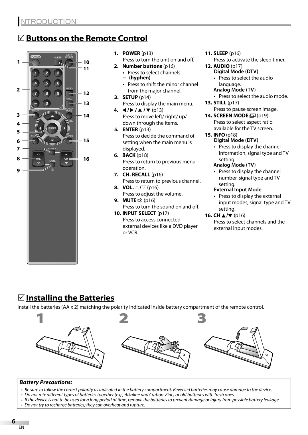 Emerson LC420EM8 owner manual 5Buttons on the Remote Control, 5Installing the Batteries, Introduction, Battery Precautions 
