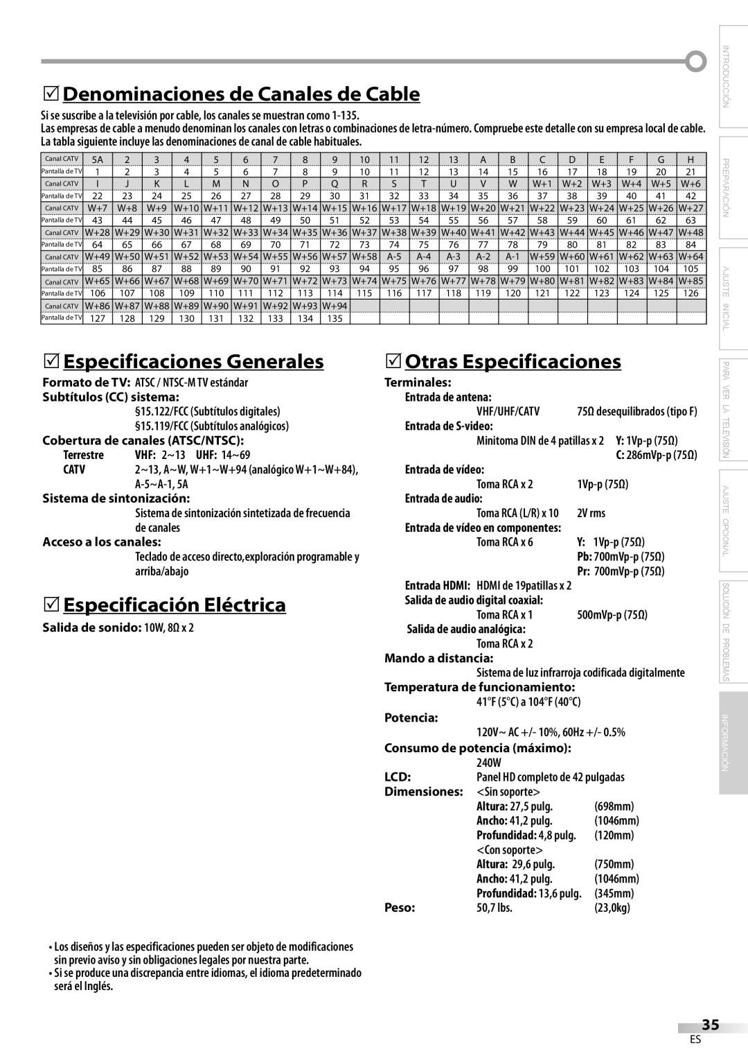 Emerson LC420EM8 owner manual 5Denominaciones de Canales de Cable, 5Especificaciones Generales, 5Especificación Eléctrica 