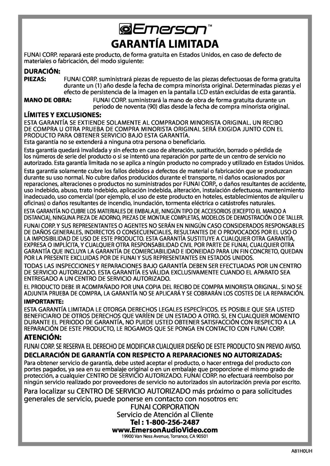 Emerson LC420EM8 owner manual Garantía Limitada, Atención, Duración, Límites Y Exclusiones, Importante 