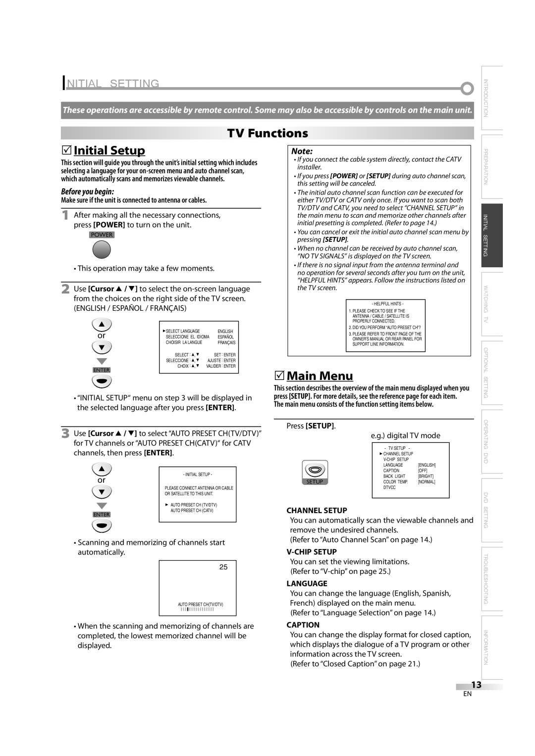 Emerson LD195EM8 7, LD195EM8 2 owner manual Initial Setting, TV Functions, 5Initial Setup, 5Main Menu 