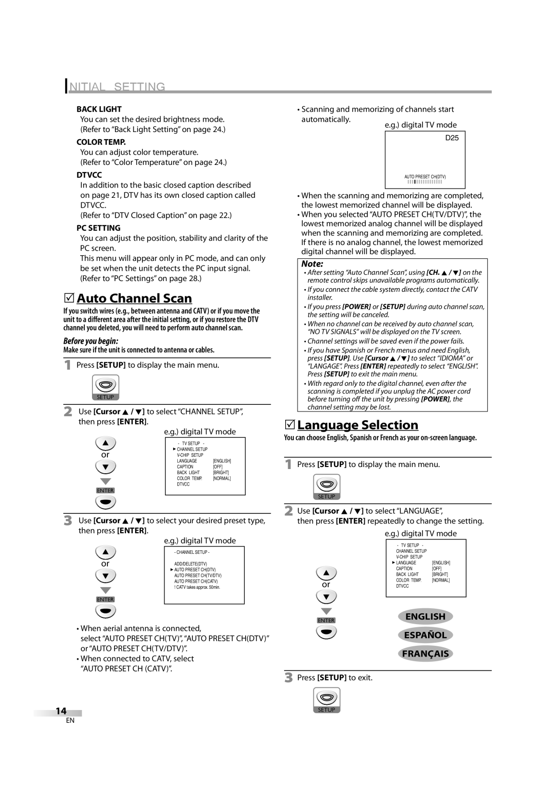 Emerson LD195EM8 2, LD195EM8 7 owner manual 5Auto Channel Scan, 5Language Selection, English, Español Français 