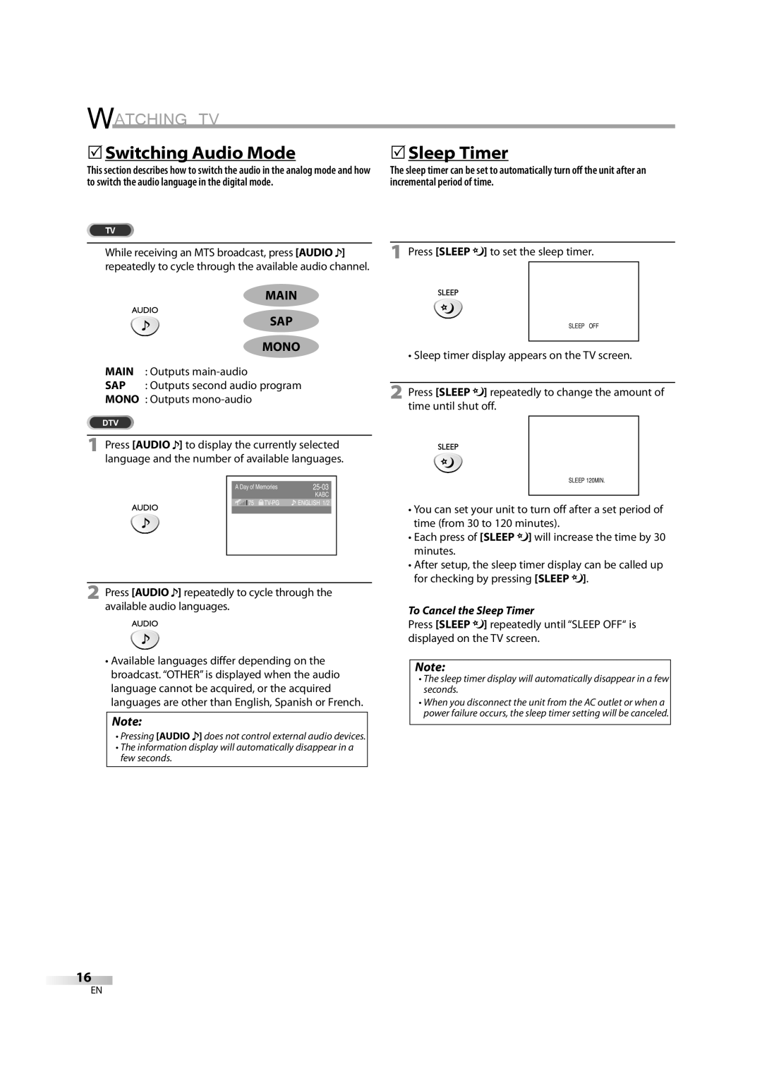 Emerson LD195EM8 2, LD195EM8 7 5Switching Audio Mode, 5Sleep Timer, Main SAP Mono, Press Sleep to set the sleep timer 