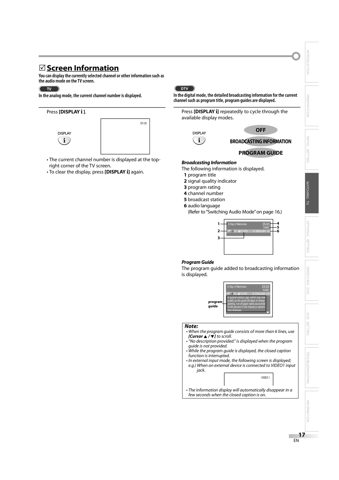 Emerson LD195EM8 7, LD195EM8 2 owner manual 5Screen Information, Off, Broadcasting Information, Program Guide 