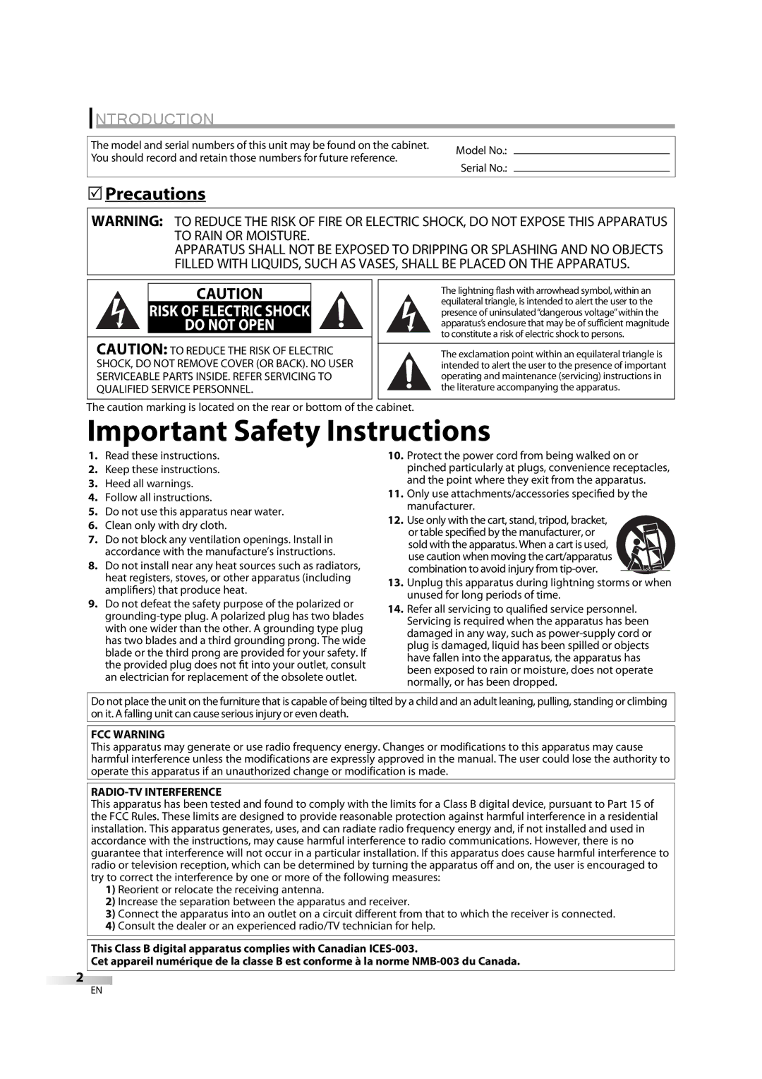 Emerson LD195EM8 2, LD195EM8 7 owner manual Introduction, Precautions, FCC Warning, RADIO-TV Interference 