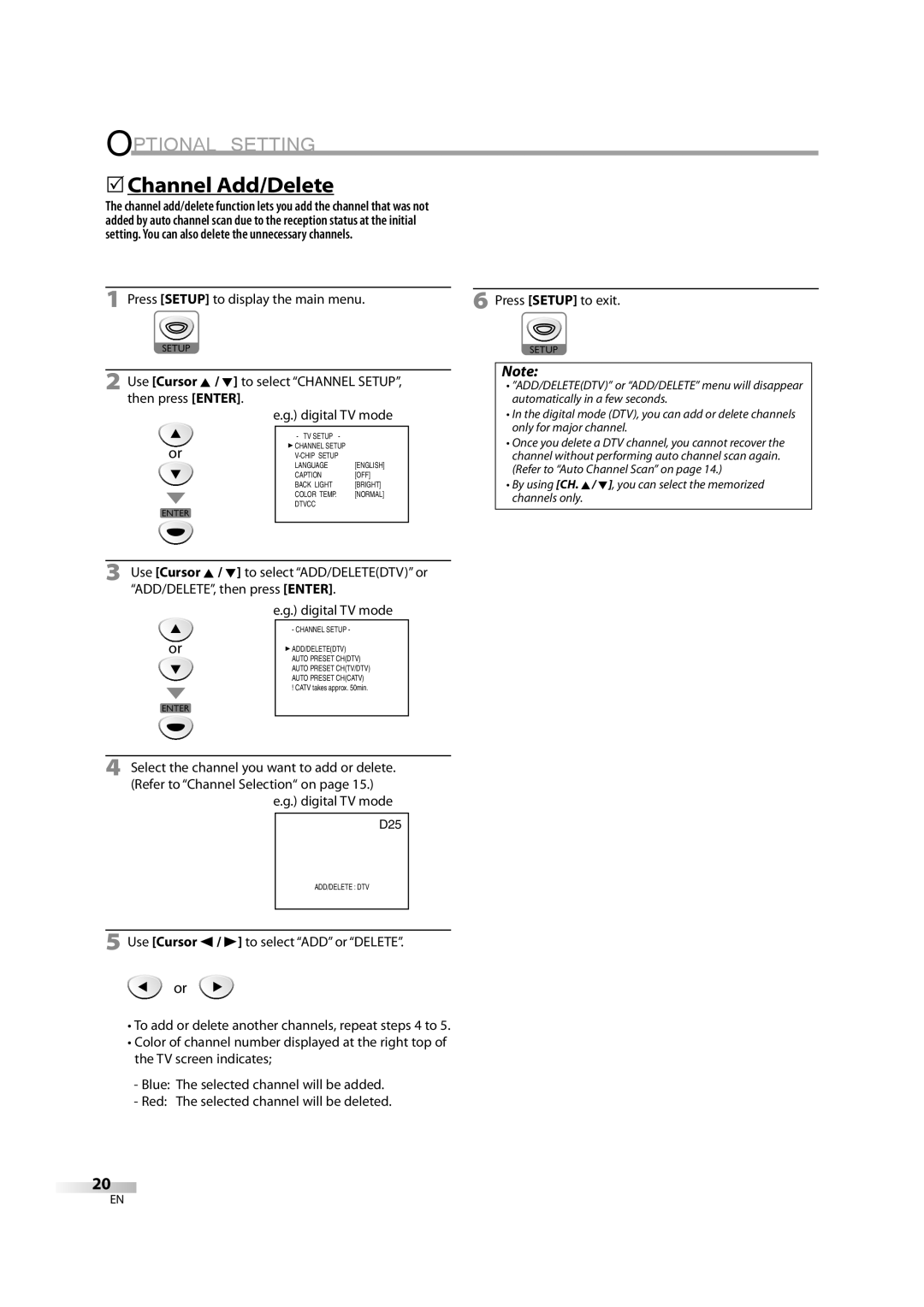 Emerson LD195EM8 2, LD195EM8 7 owner manual Optional Setting, 5Channel Add/Delete 