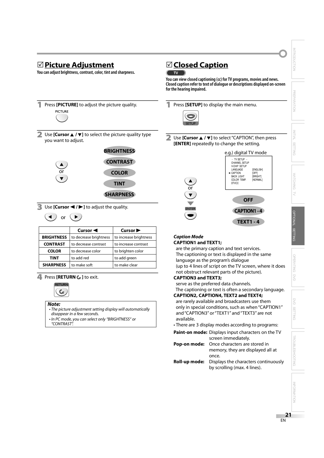 Emerson LD195EM8 7, LD195EM8 2 5Picture Adjustment, 5Closed Caption, Brightness Contrast, Tint Sharpness, Caption Mode 