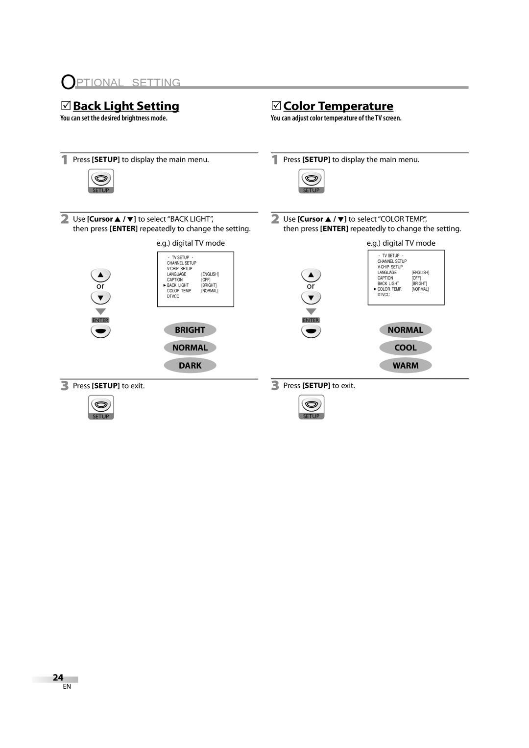 Emerson LD195EM8 2, LD195EM8 7 owner manual 5Back Light Setting, 5Color Temperature, Bright Normal Cool Dark Warm 