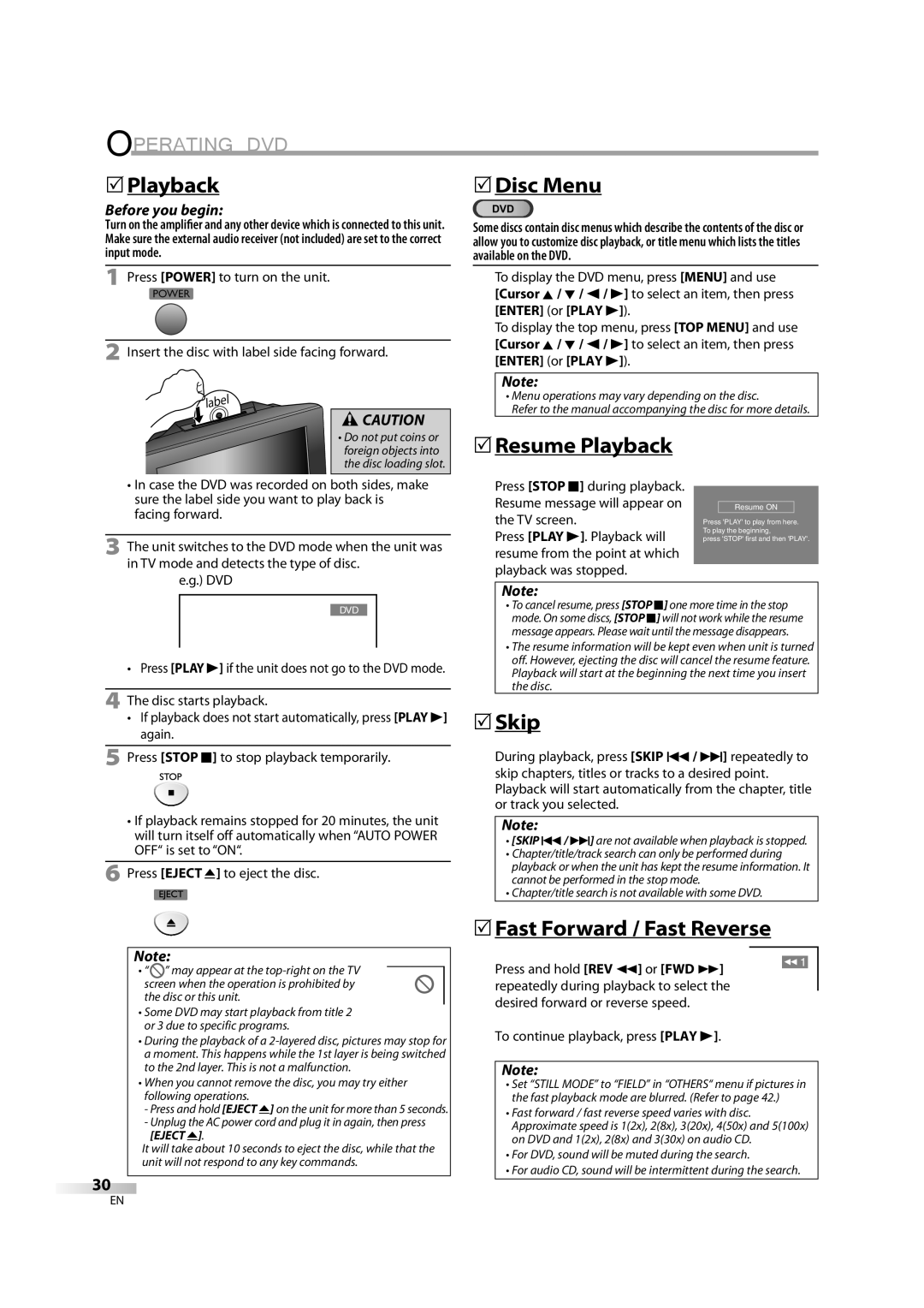 Emerson LD195EM8 2, LD195EM8 7 owner manual 5Playback, 5Resume Playback, Skip, 5Fast Forward / Fast Reverse 