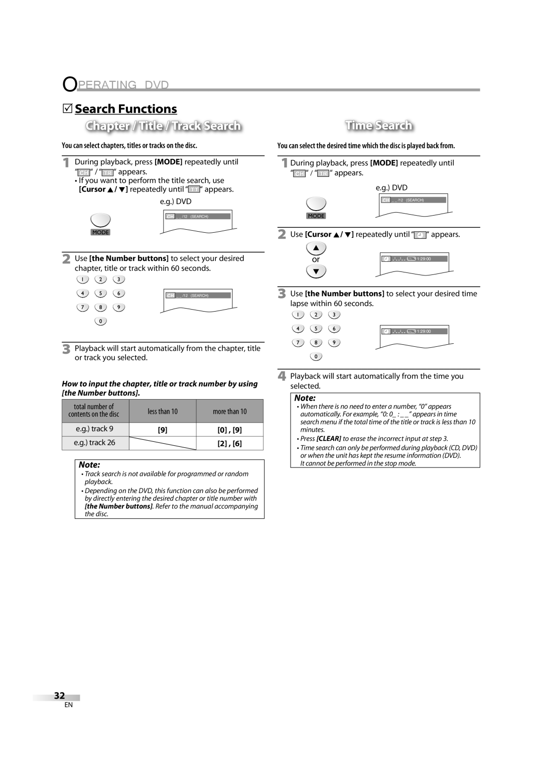 Emerson LD195EM8 2 5Search Functions Chapter / Title / Track Search, You can select chapters, titles or tracks on the disc 