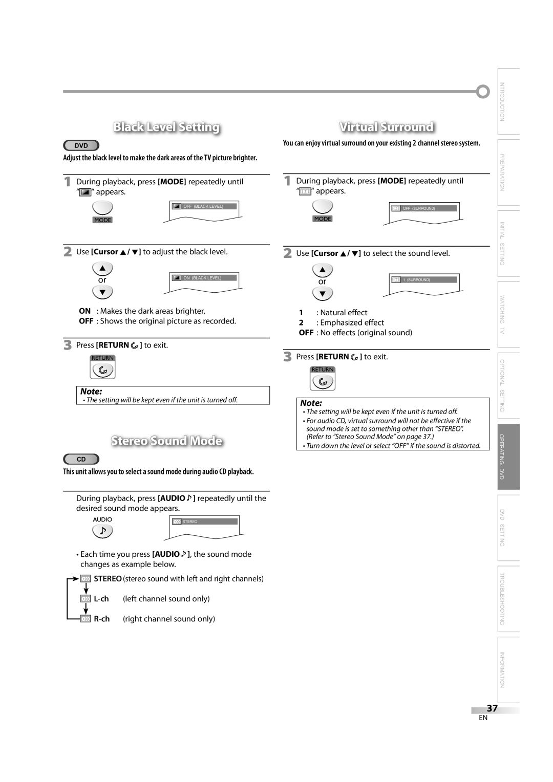 Emerson LD195EM8 7, LD195EM8 2 owner manual Black Level Setting, Stereo Sound Mode, Virtual Surround 