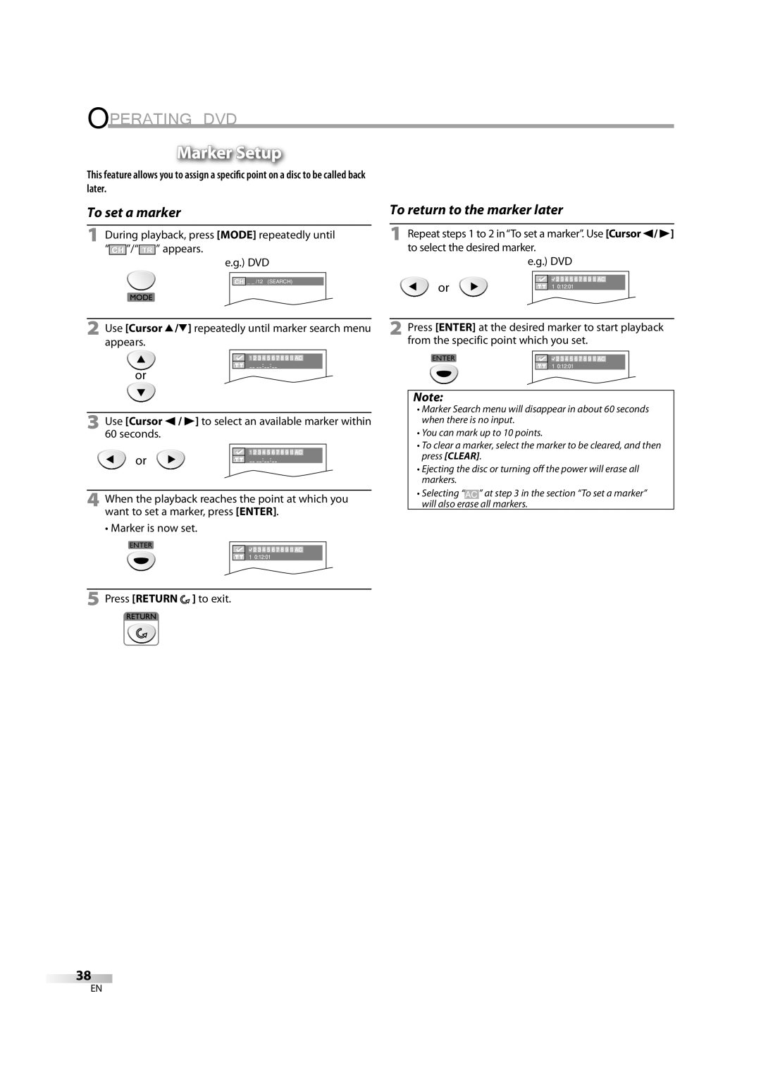 Emerson LD195EM8 2, LD195EM8 7 owner manual Marker Setup, During playback, press Mode repeatedly until / appears DVD 