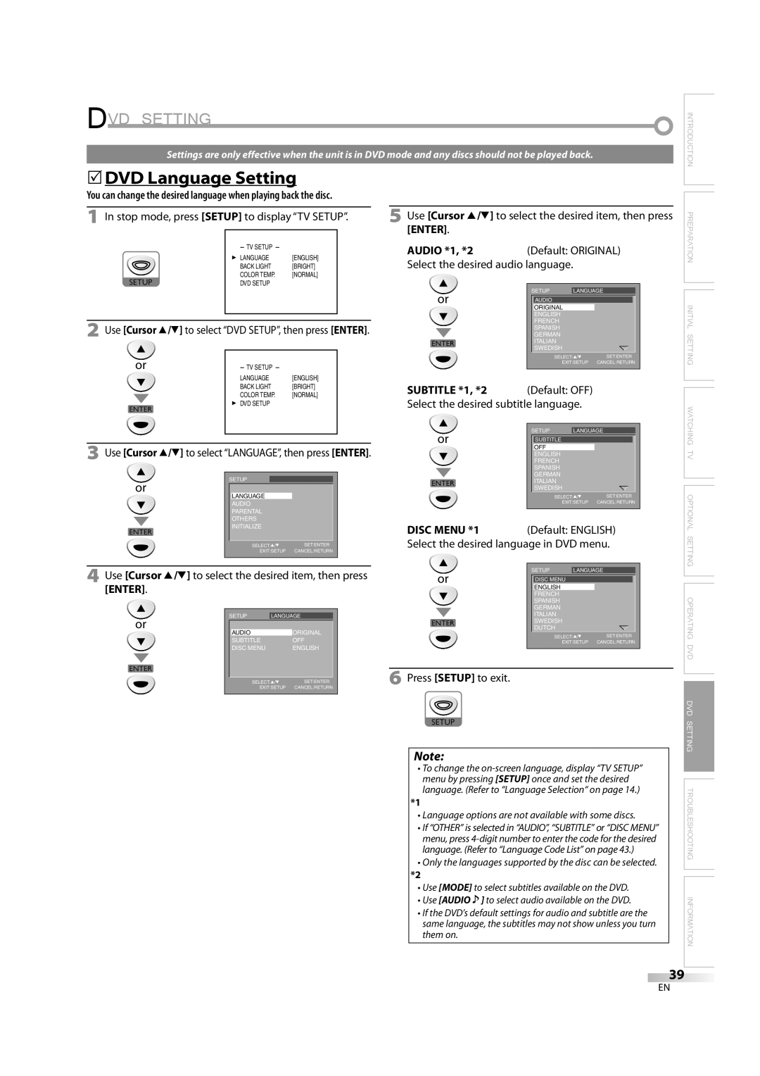 Emerson LD195EM8 7 DVD Setting, 5DVD Language Setting, Subtitle *1, *2, Language options are not available with some discs 