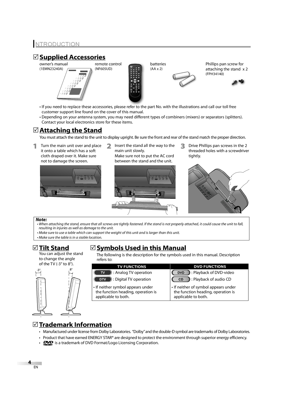 Emerson LD195EM8 2, LD195EM8 7 5Supplied Accessories, 5Attaching the Stand, 5Tilt Stand, 5Symbols Used in this Manual 