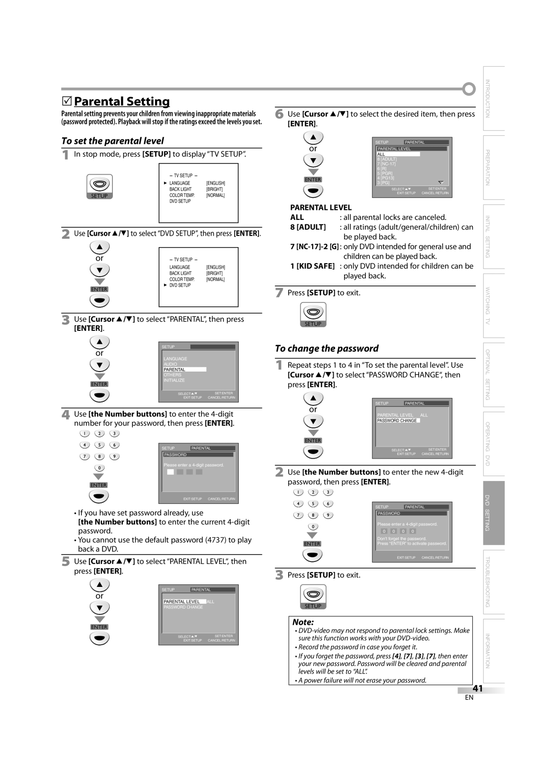 Emerson LD195EM8 7 5Parental Setting, Number buttons to enter the current 4-digit password, Parental Level ALL, Adult 