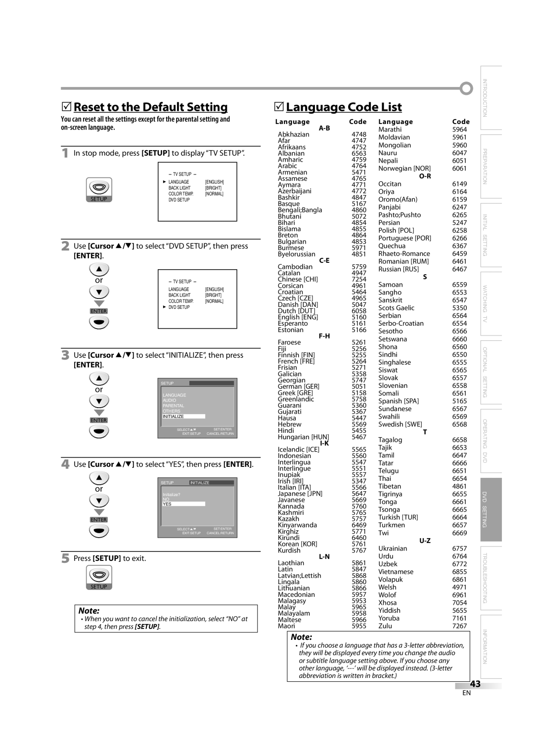 Emerson LD195EM8 7 5Reset to the Default Setting, 5Language Code List, Use Cursor K/L to select YES, then press Enter 