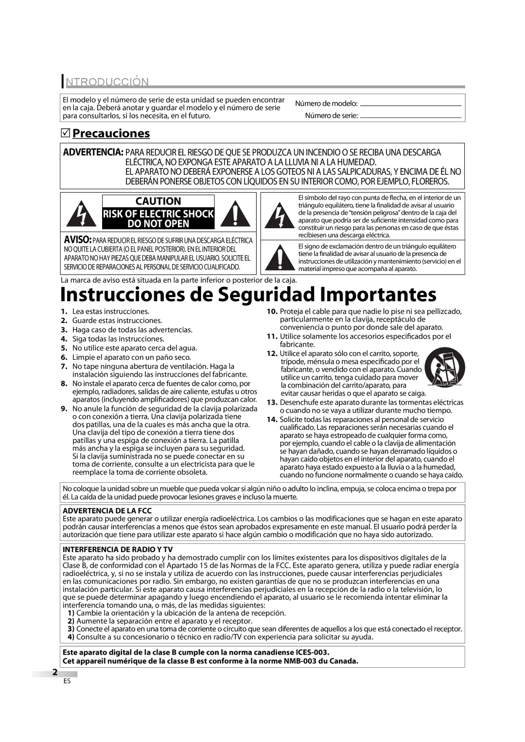 Emerson LD195EM8 2 Introducción, Precauciones, Para consultarlos, si los necesita, en el futuro, Advertencia DE LA FCC 