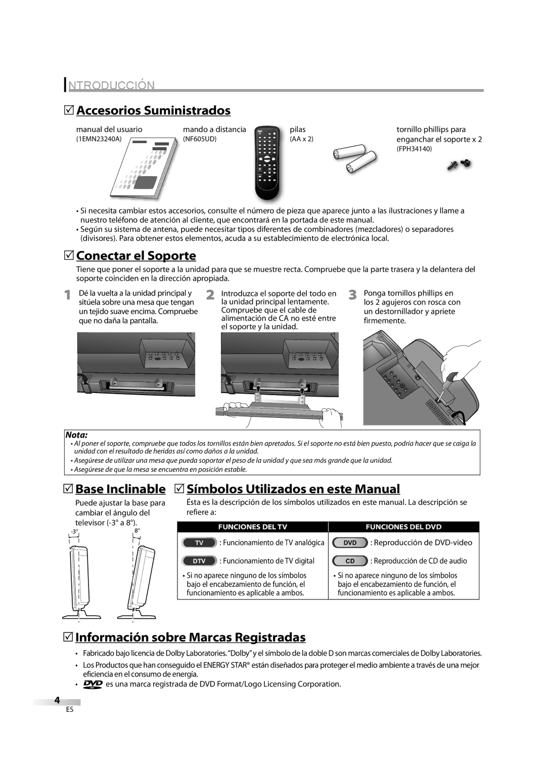 Emerson LD195EM8 2, LD195EM8 7 5Accesorios Suministrados, 5Conectar el Soporte, 5Símbolos Utilizados en este Manual 