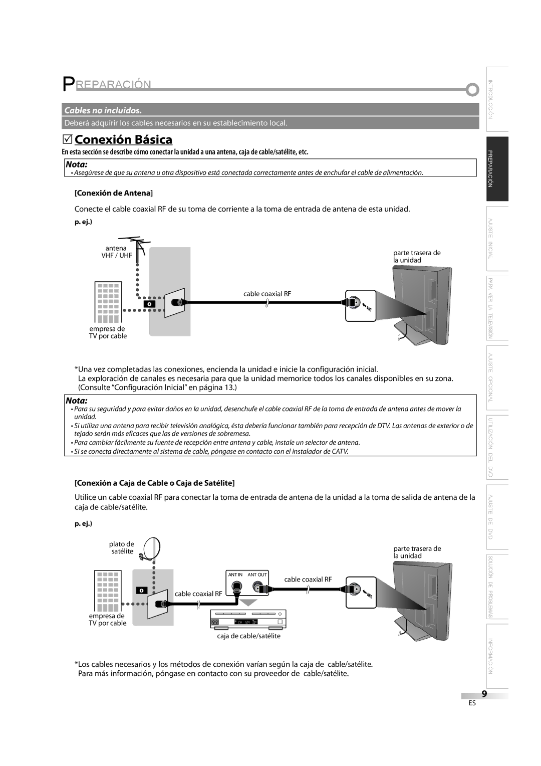 Emerson LD195EM8 7 Preparación, 5Conexión Básica, Conexión de Antena, Conexión a Caja de Cable o Caja de Satélite 