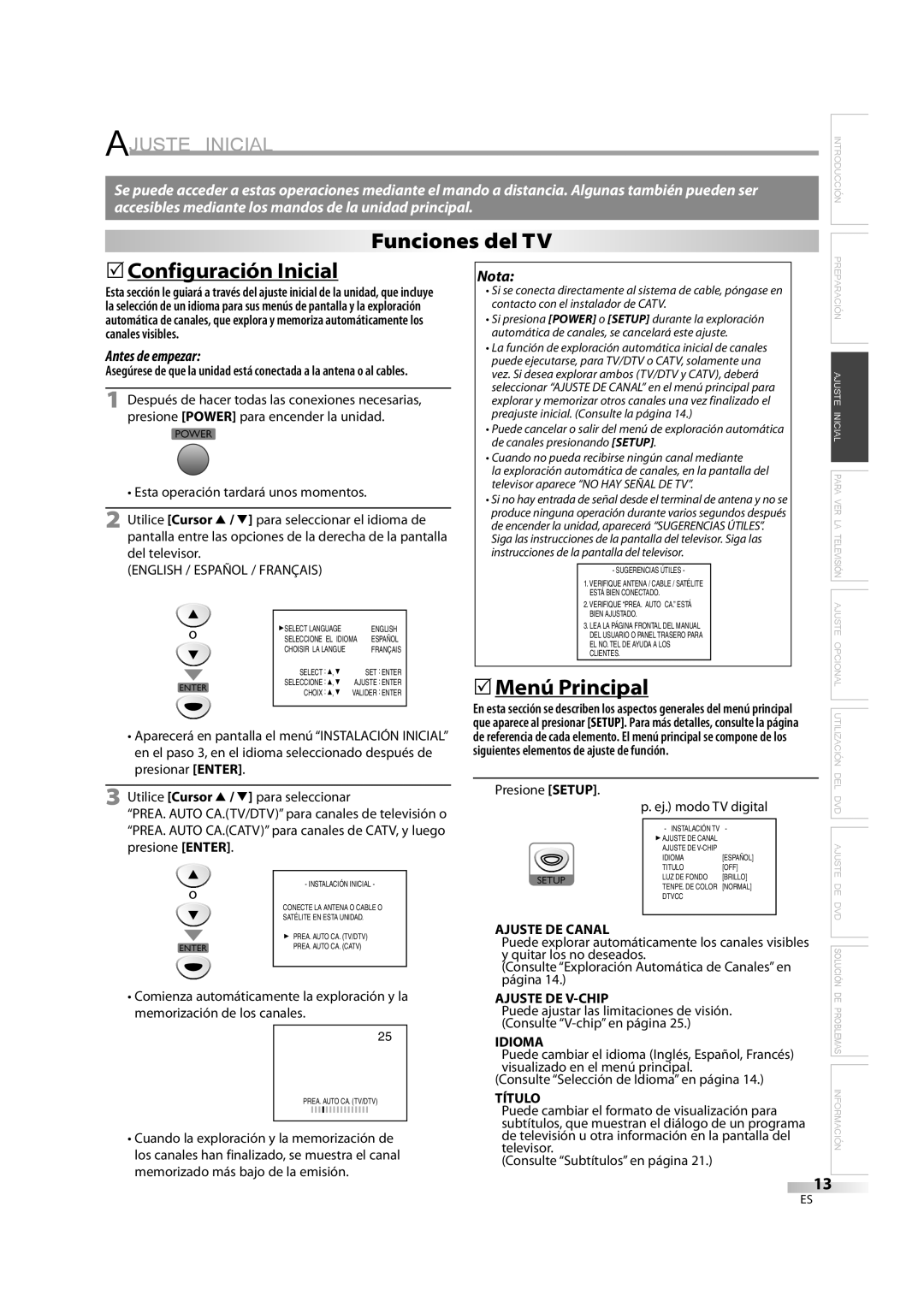 Emerson LD195EM8 7, LD195EM8 2 owner manual Ajuste Inicial, Funciones del TV 5Configuración Inicial, 5Menú Principal 