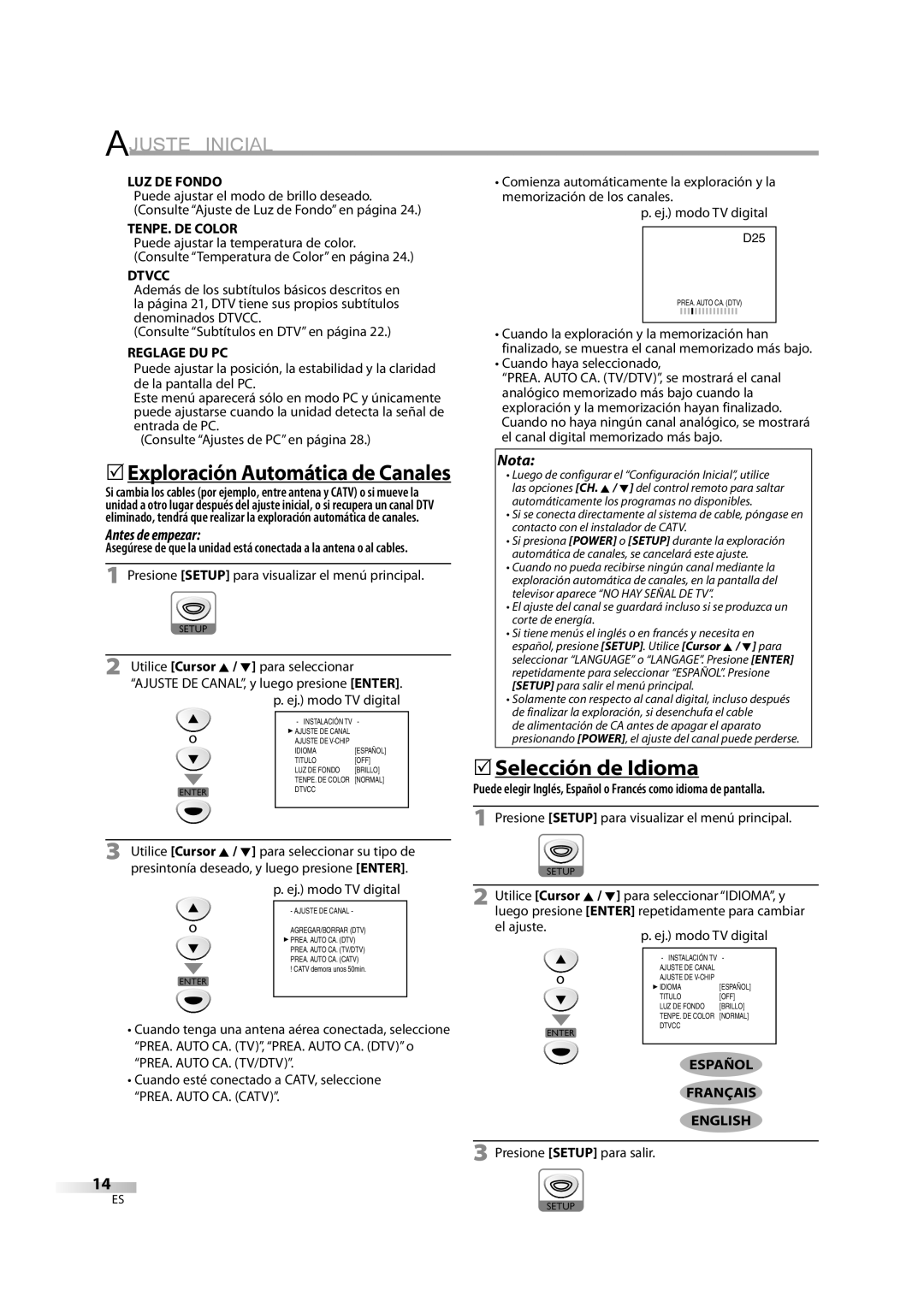 Emerson LD195EM8 2, LD195EM8 7 owner manual 5Selección de Idioma, LUZ DE Fondo, TENPE. DE Color, Reglage DU PC 