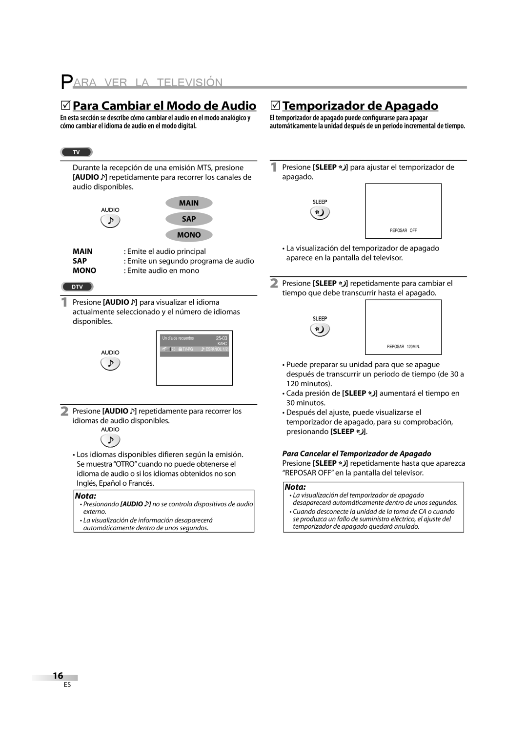 Emerson LD195EM8 2, LD195EM8 7 owner manual Para VER LA Televisión, 5Para Cambiar el Modo de Audio, 5Temporizador de Apagado 