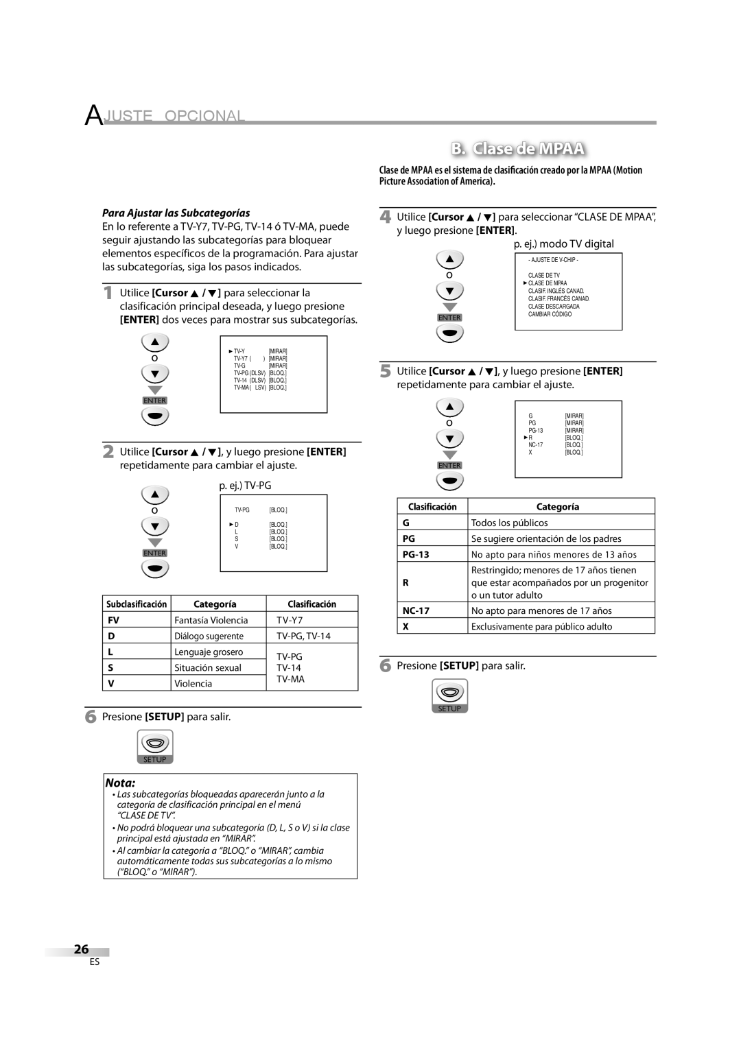 Emerson LD195EM8 2, LD195EM8 7 owner manual Clase de Mpaa, Para Ajustar las Subcategorías, Ej. TV-PG 