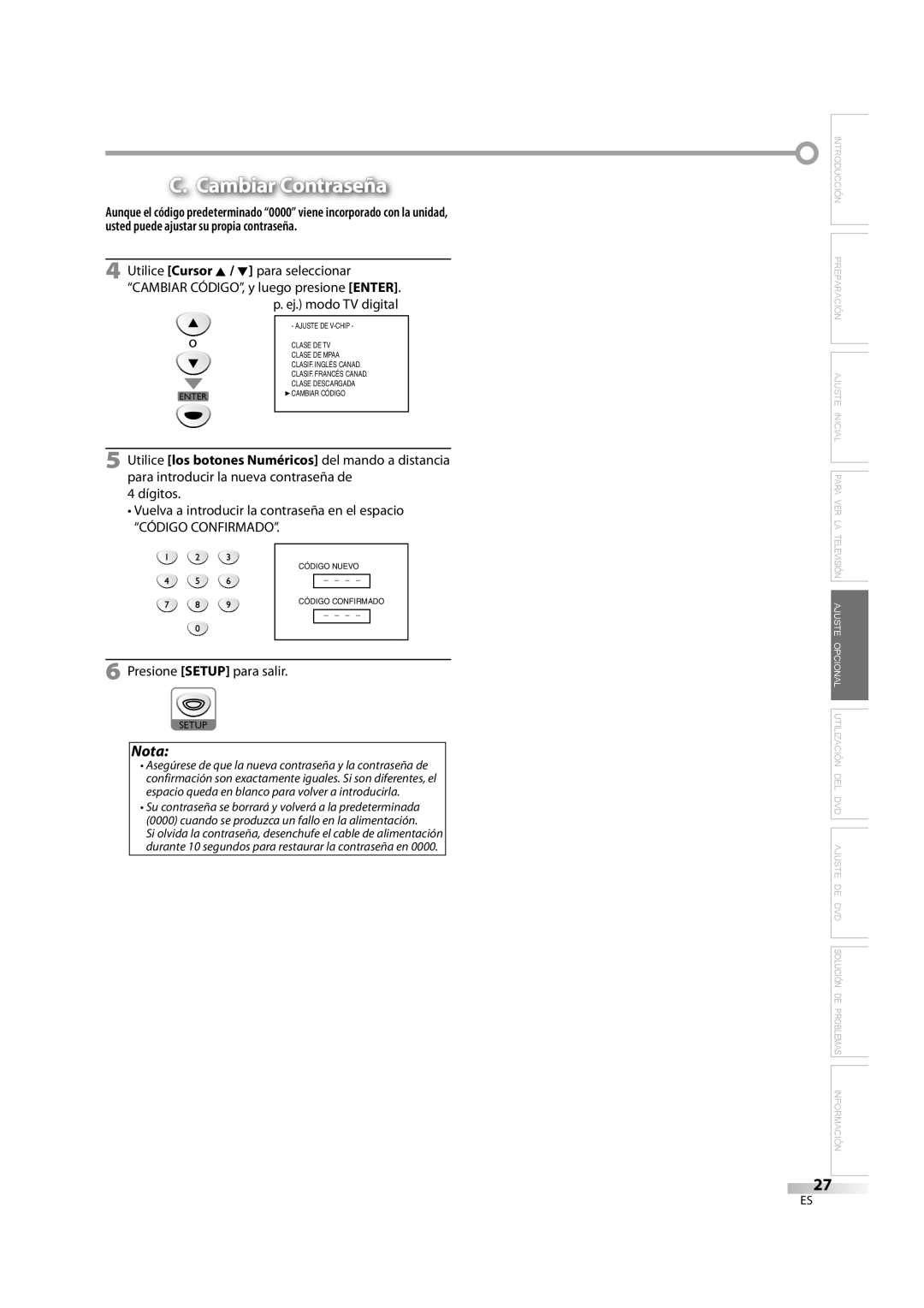 Emerson LD195EM8 7, LD195EM8 2 owner manual Cambiar Contraseña, Dígitos Vuelva a introducir la contraseña en el espacio 