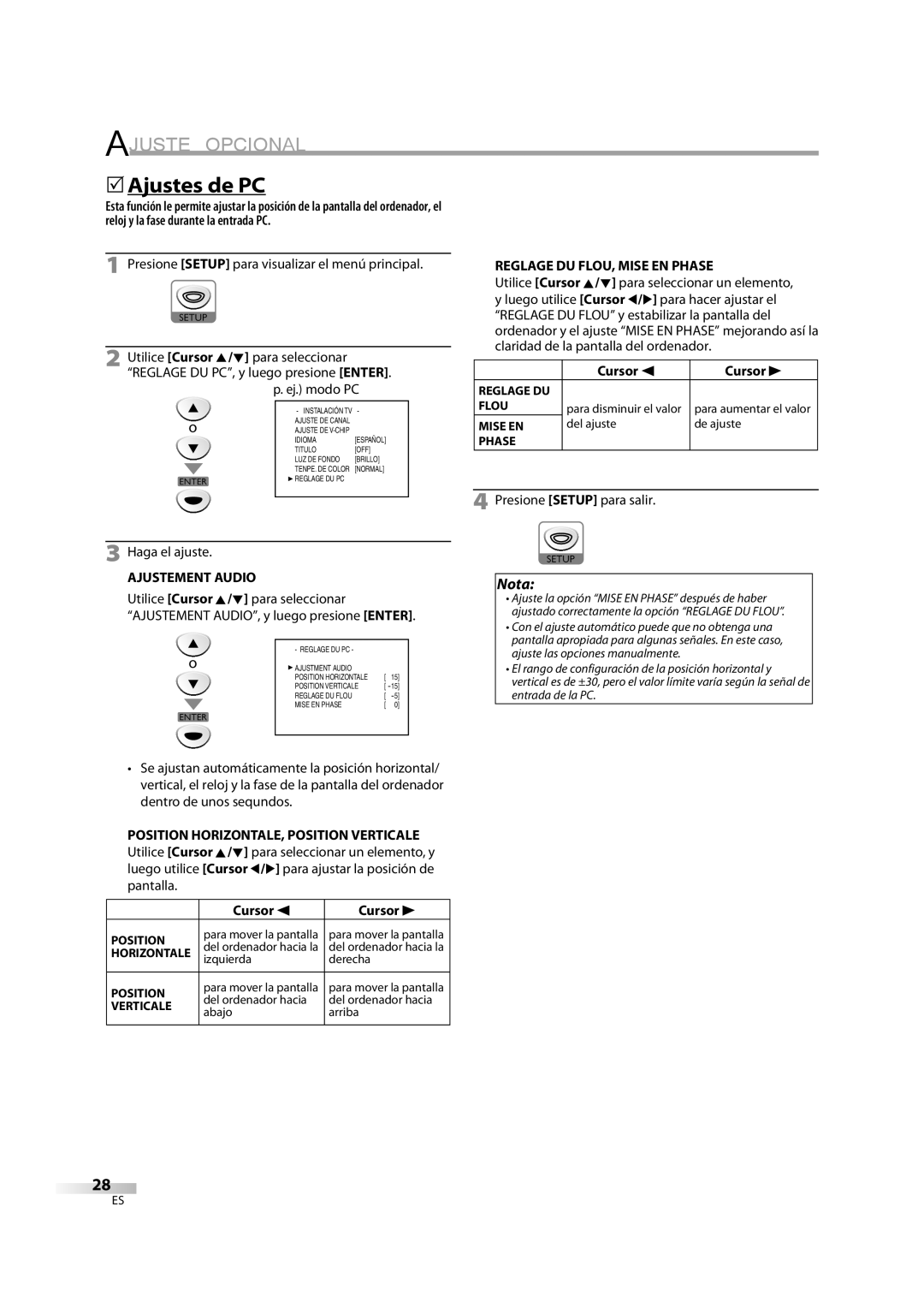 Emerson LD195EM8 2 5Ajustes de PC, Ej. modo PC, Haga el ajuste, Reglage DU FLOU, Mise EN Phase, Ajustement Audio 