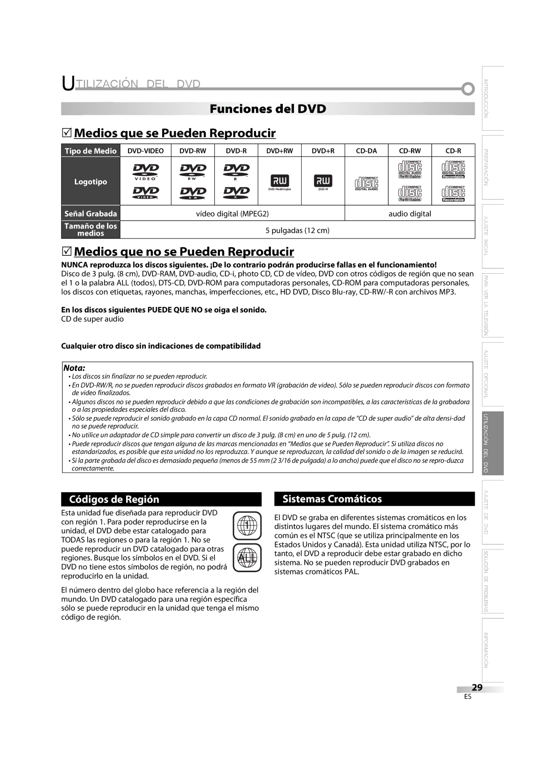 Emerson LD195EM8 7, LD195EM8 2 owner manual Utilización DEL DVD, Funciones del DVD 5Medios que se Pueden Reproducir 