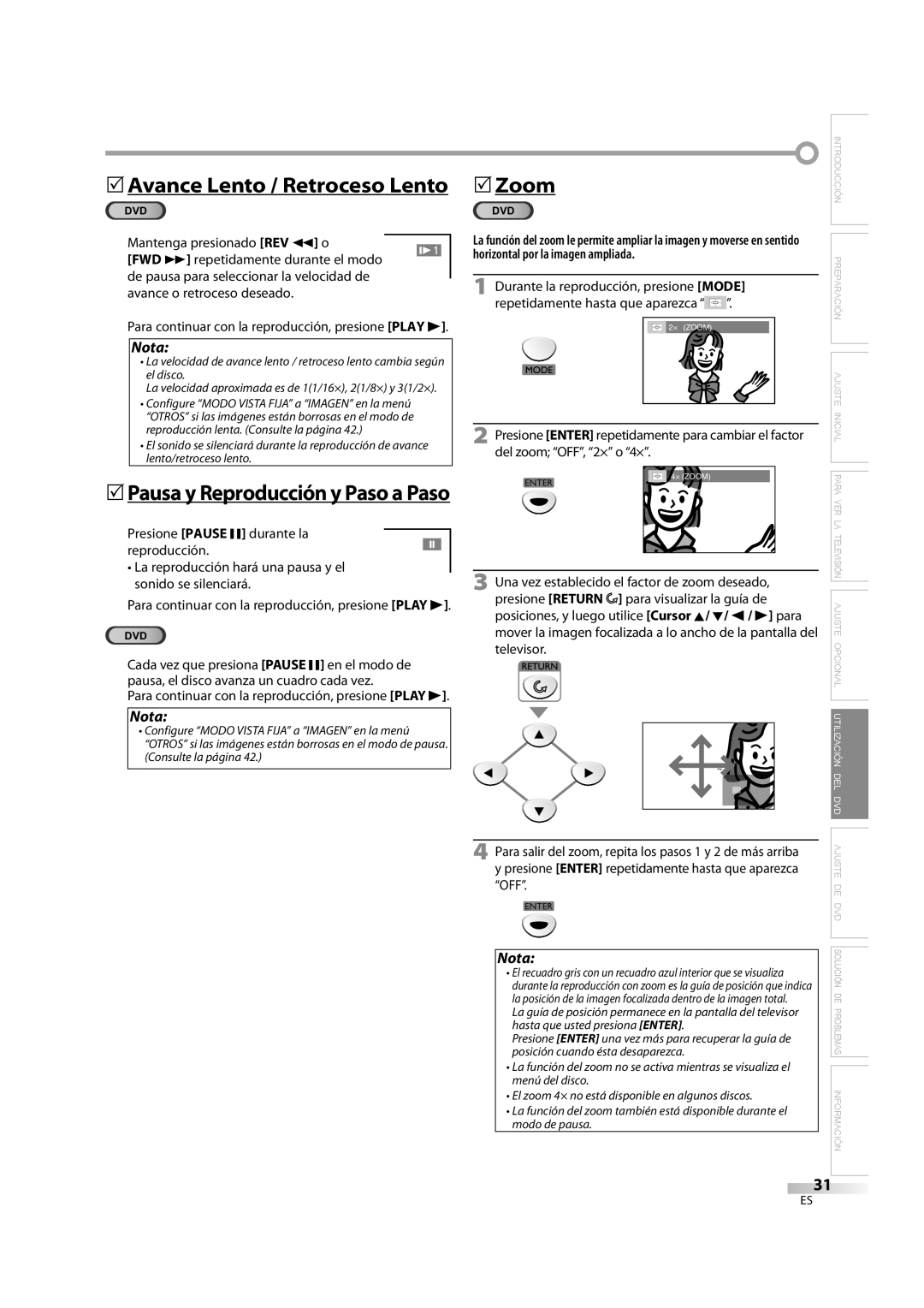 Emerson LD195EM8 7, LD195EM8 2 owner manual 5Zoom, Horizontal por la imagen ampliada, Durante la reproducción, presione Mode 