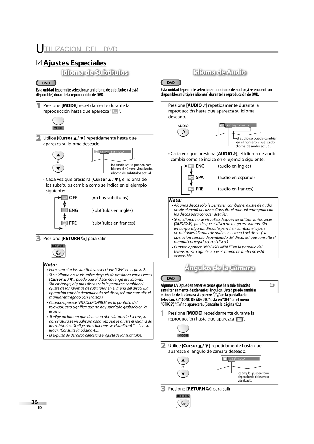 Emerson LD195EM8 2, LD195EM8 7 owner manual 5Ajustes Especiales, Idioma de Subtítulos, Idioma de Audio, Ángulos de la Cámara 